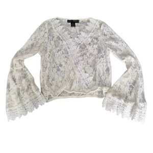 Polly & Esther White Lace Wrap Bell-Sleeve Blouse